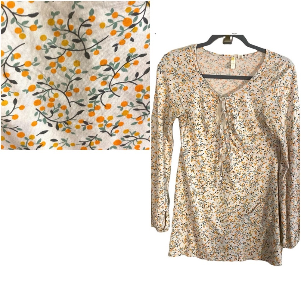 Anthropologie Little Yellow Button Peach Print Long Sleeve Top Sz Small